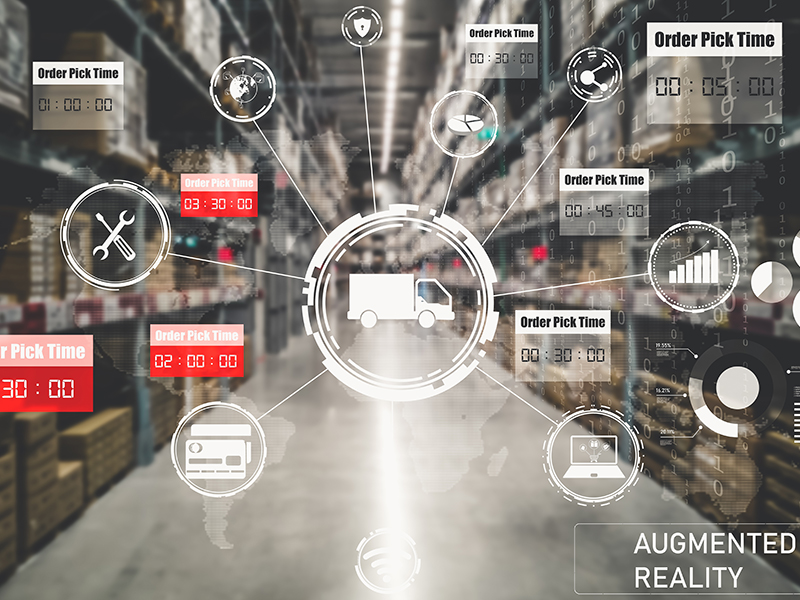 Smart lagerstyringssystem, der bruger augmented reality-teknologi til at identificere pakkeplukning og levering.Fremtidigt koncept for forsyningskæde og logistikvirksomhed.