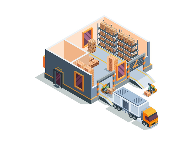 Lager isometrisk.Store lagerhus maskiner gaffeltruck transport og lastbil lagerbygning bygning tværsnit vektor.Illustration lager med kasse og gaffeltruck