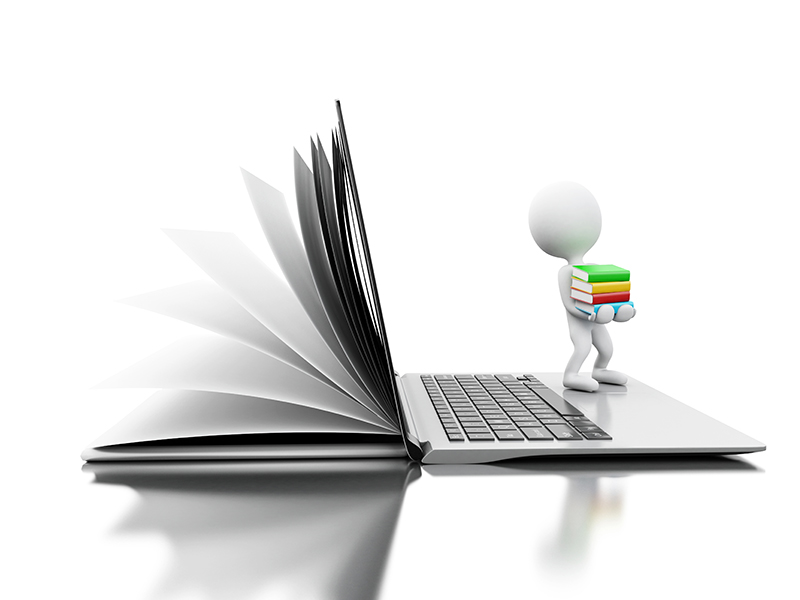 ilustrasi 3d.Buku mbukak dadi laptop mbukak karo wong kulit putih.E-learning, perpustakaan digital lan konsep pendidikan online.Latar mburi putih sing diisolasi